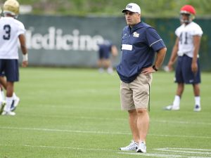 Coach Pat Narduzzi Looks on during the first practice of the season (Photo Credit: David Hague)