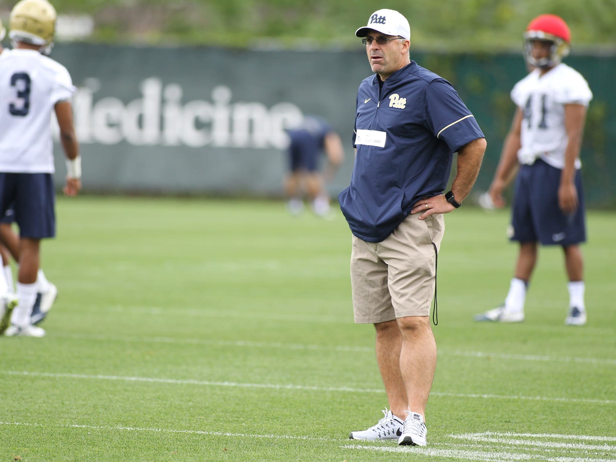 Coach Pat Narduzzi Looks on during the first practice of the season (Photo credit: David Hague)