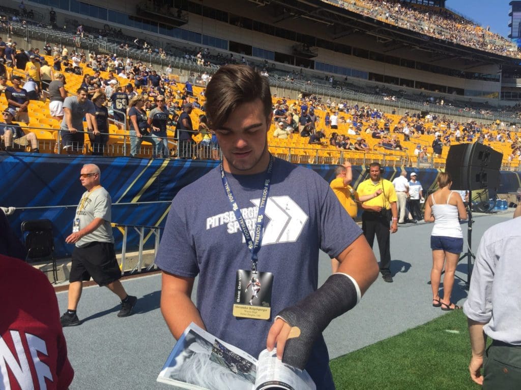 2018 DE Alex Reigelsperger at Heinz Field wearing a great shirt (Photo credit: Mike Vukovcan)