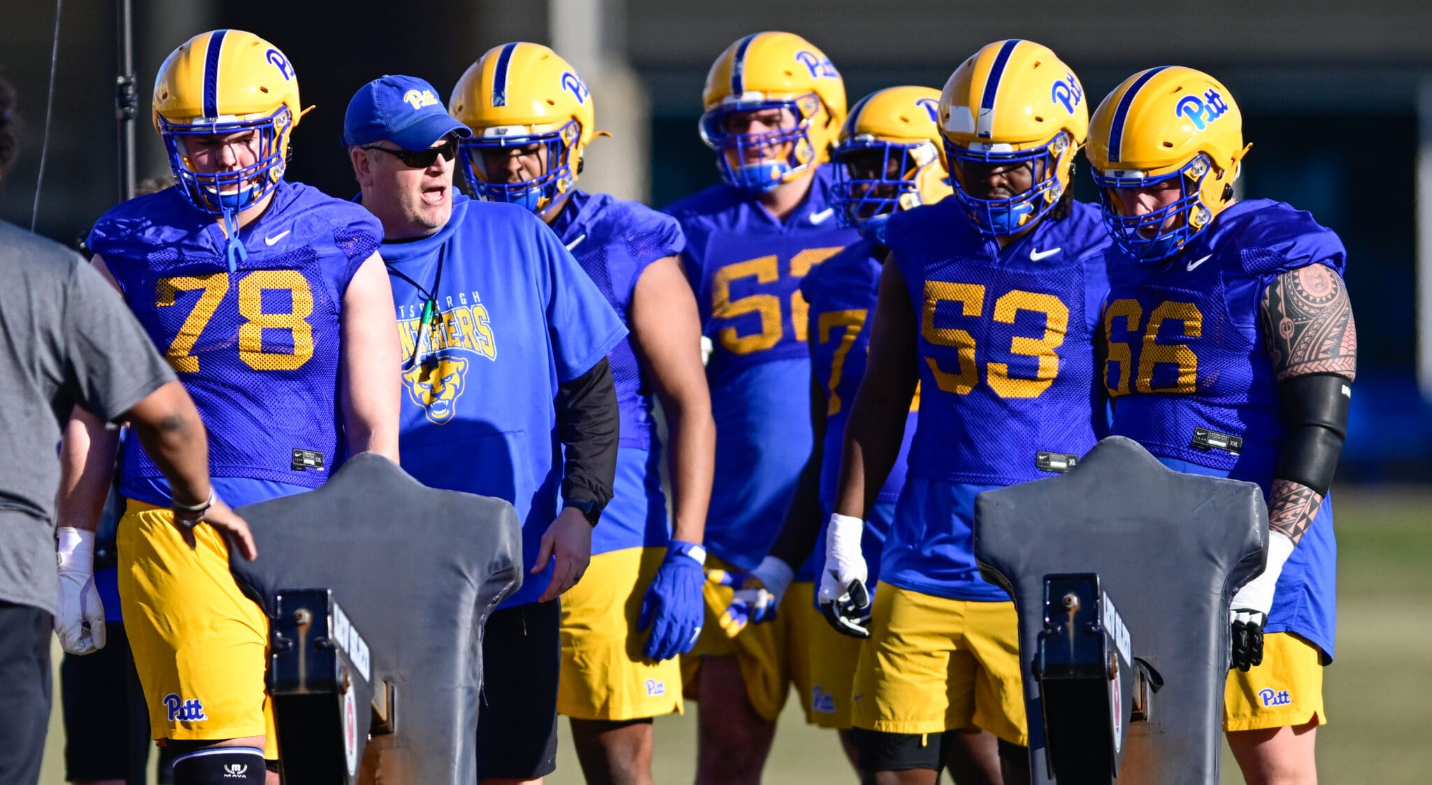 Pitt offensive linemen Jeff Persi (78), Kendall Stanley (53), Keith Gouveia (66). March 11, 2025 / Ed Thompson. PSN.