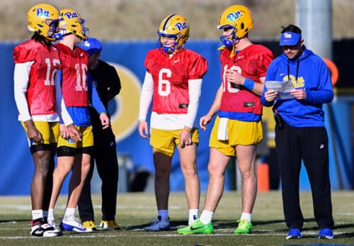 Pitt quarter backs Julian Dugger (12), David Lynch (16), Mason Heintschel (6) and Eli Holstein (10). March 11, 2025 / Ed Thompson. PSN