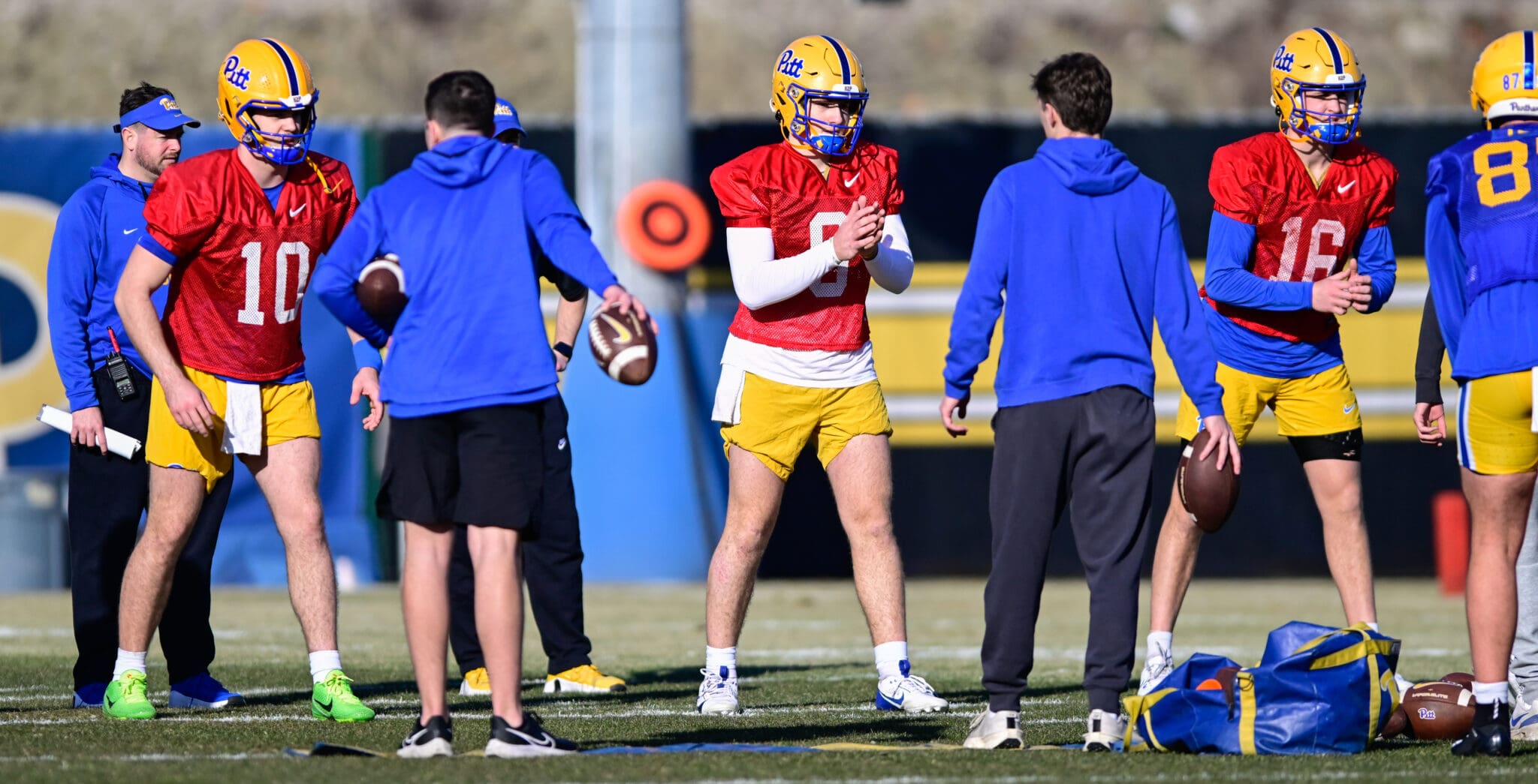 Pitt quarterbacks - Eli Holstein (10), Mason Heintschel (6), David Lynch (16). March 11, 2025 / Ed Thompson. PSN.