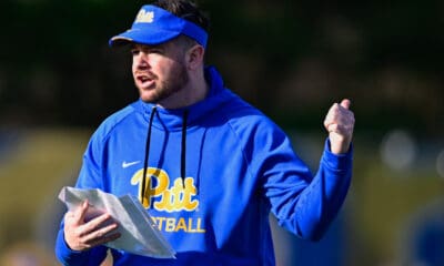 Pitt offensive coordinator Kade Bell at spring practice on March 13, 2025 / Ed Thompson. PSN.