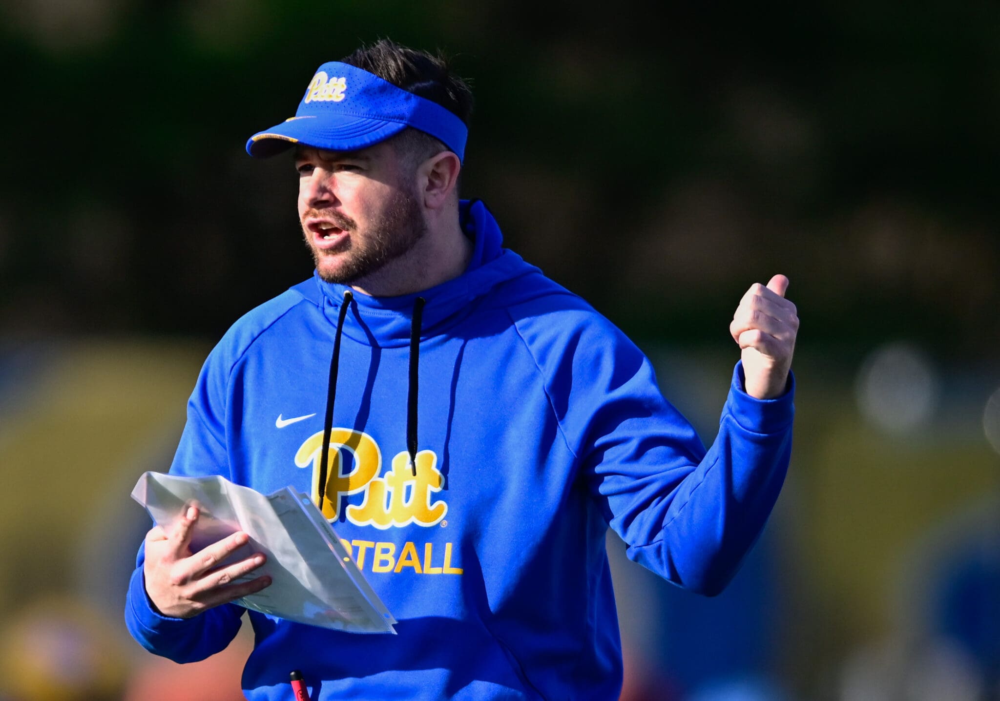 Pitt offensive coordinator Kade Bell at spring practice on March 13, 2025 / Ed Thompson. PSN.