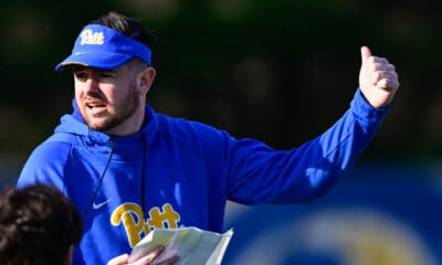Pitt offensive coordinator Kade Bell during spring camp. March 13, 2025 -- Ed Thompson / PSN