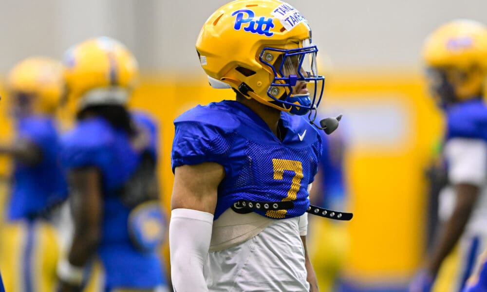 Pitt safety Javon McIntyre with two takeaways stickers through spring camp. March 24, 2025 / Ed Thompson. PSN.