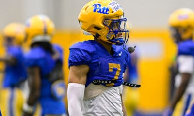 Pitt safety Javon McIntyre with two takeaways stickers through spring camp. March 24, 2025 / Ed Thompson. PSN.