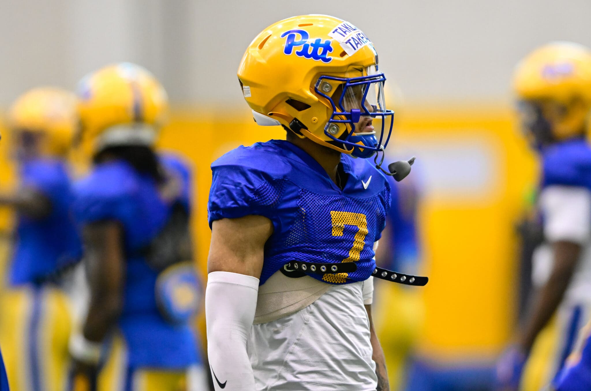 Pitt safety Javon McIntyre with two takeaways stickers through spring camp. March 24, 2025 / Ed Thompson. PSN.