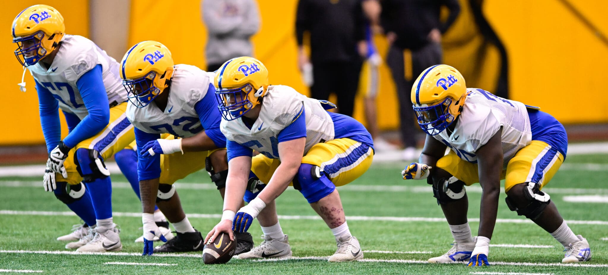 Pitt offensive line Graysen Riffe (57), Isaiah Montgomery (72), Moritz Schmoranzer (54), Caleb Holmes (76)