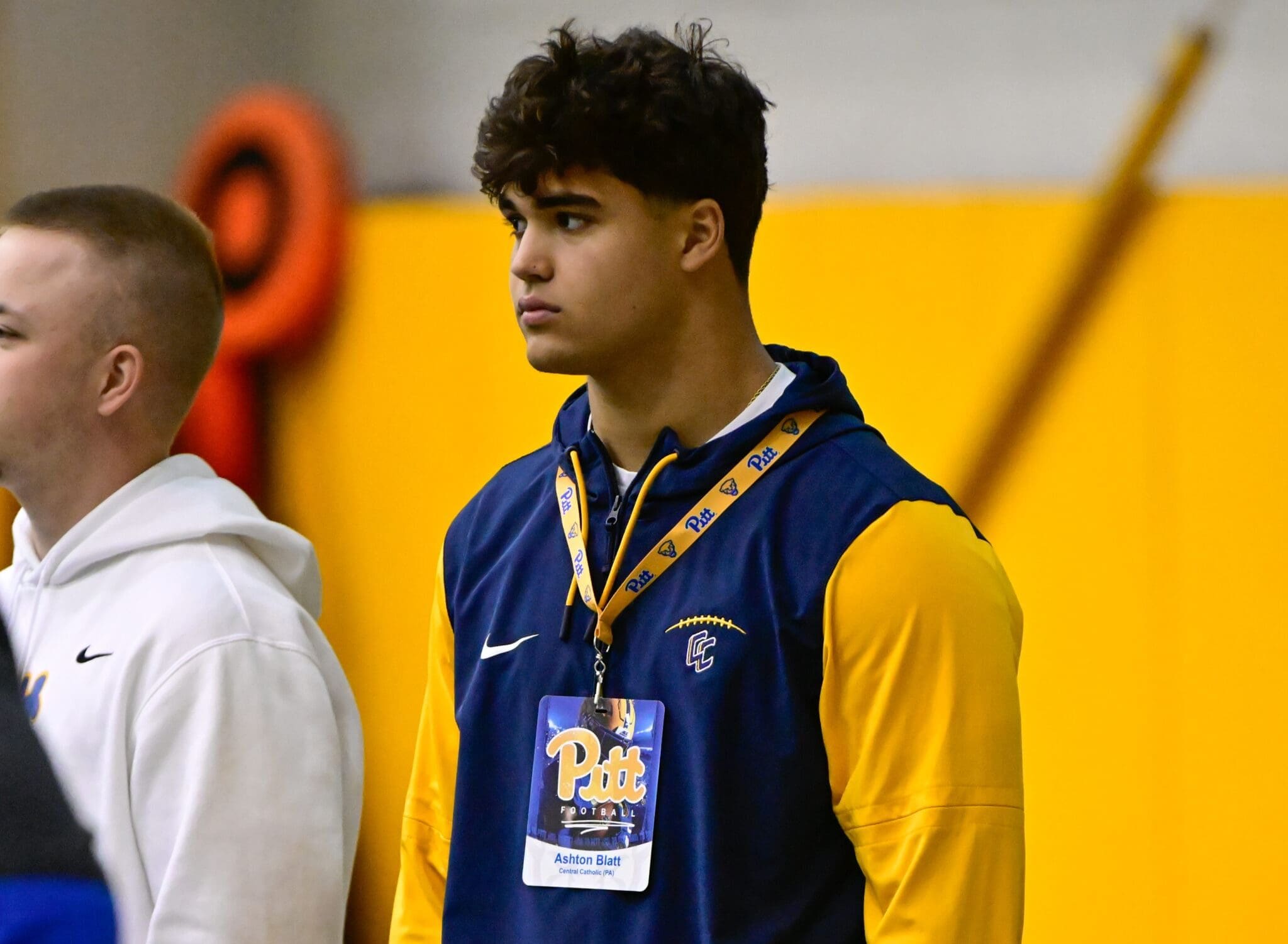 Central Catholic 2026 edge rusher and key Pitt target Ashton Blatt takes in a spring practice. April 10, 2025 / Ed Thompson. PSN.