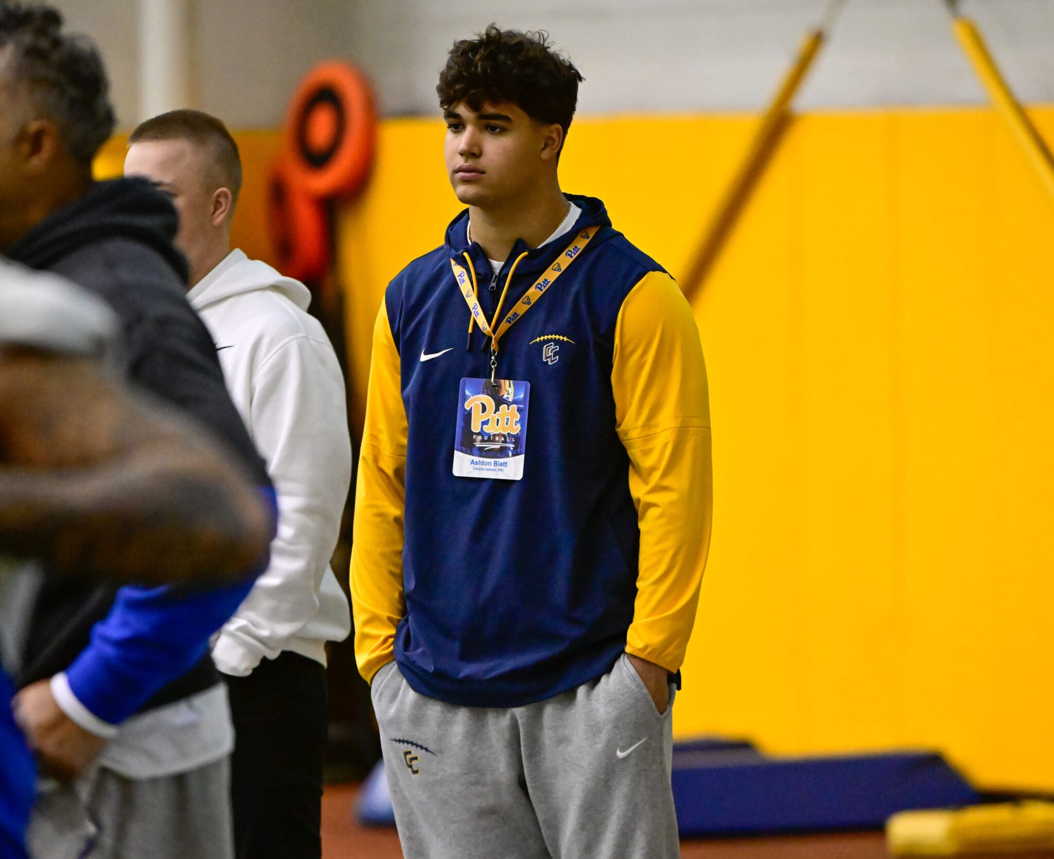 Central Catholic edge rusher Ashton Blatt watches Pitt coach Tim Daoust and the defensive line at spring practice. April 10, 2025 / Ed Thompson. PSN.