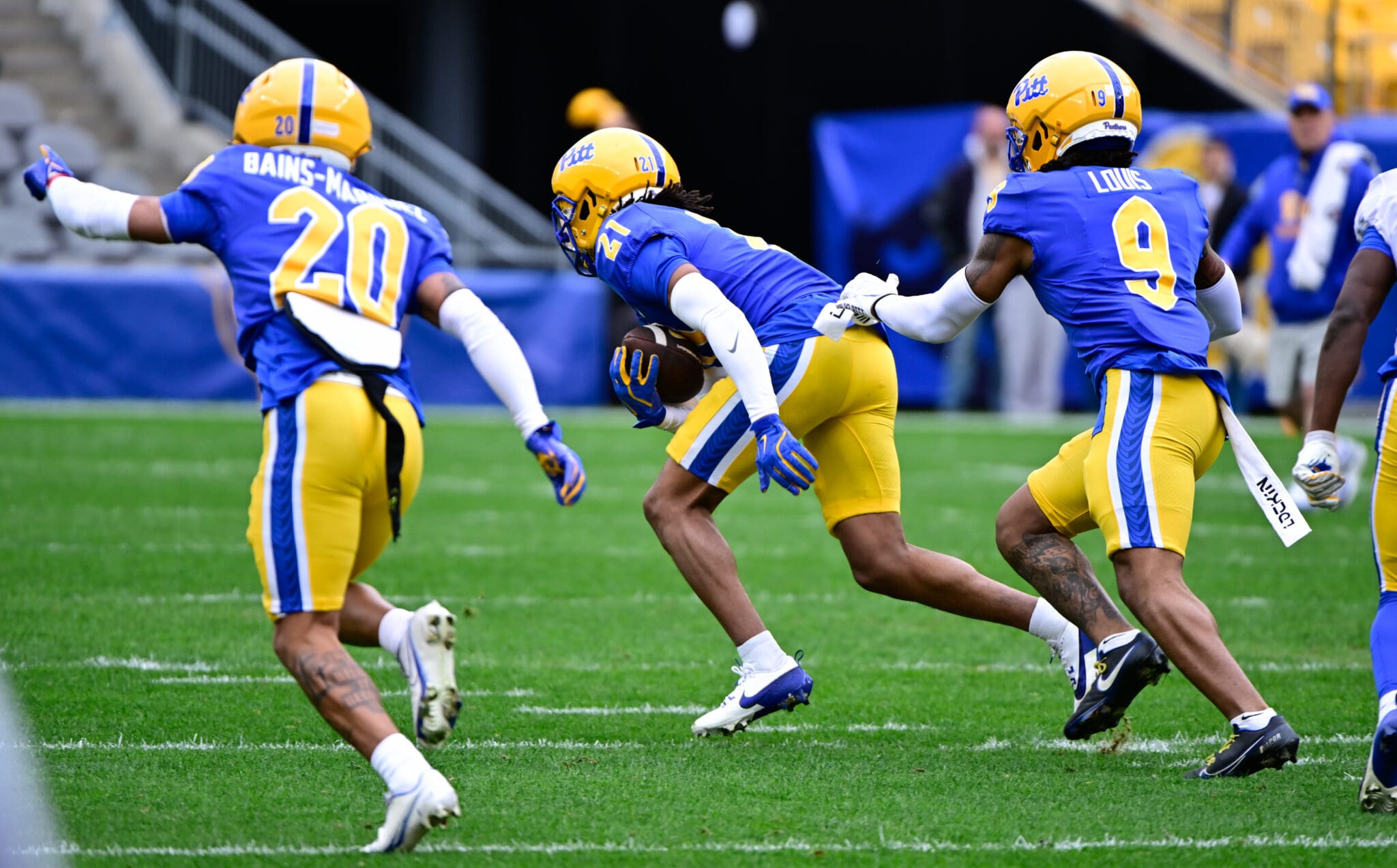 Shadarian Harrison comes up with his first of two interceptions during the Pitt spring game. April 12, 2025 / Ed Thompson. PSN.