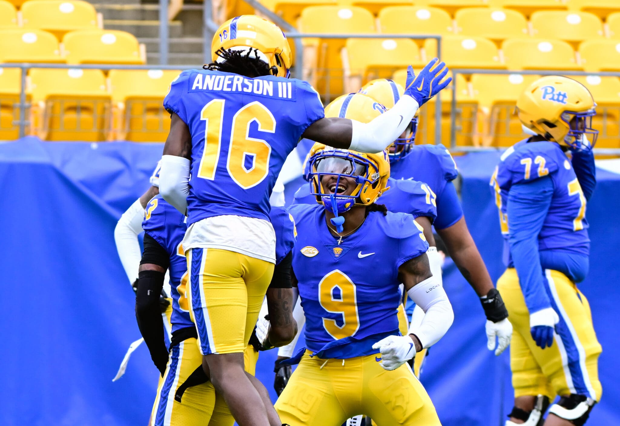 Pitt football's Jesse Anderson (16) and Kyle Louis (9) celebrate Zion Fowler-El's touchdown grab in the spring game. April 12, 2025 / Ed Thompson. PSN.