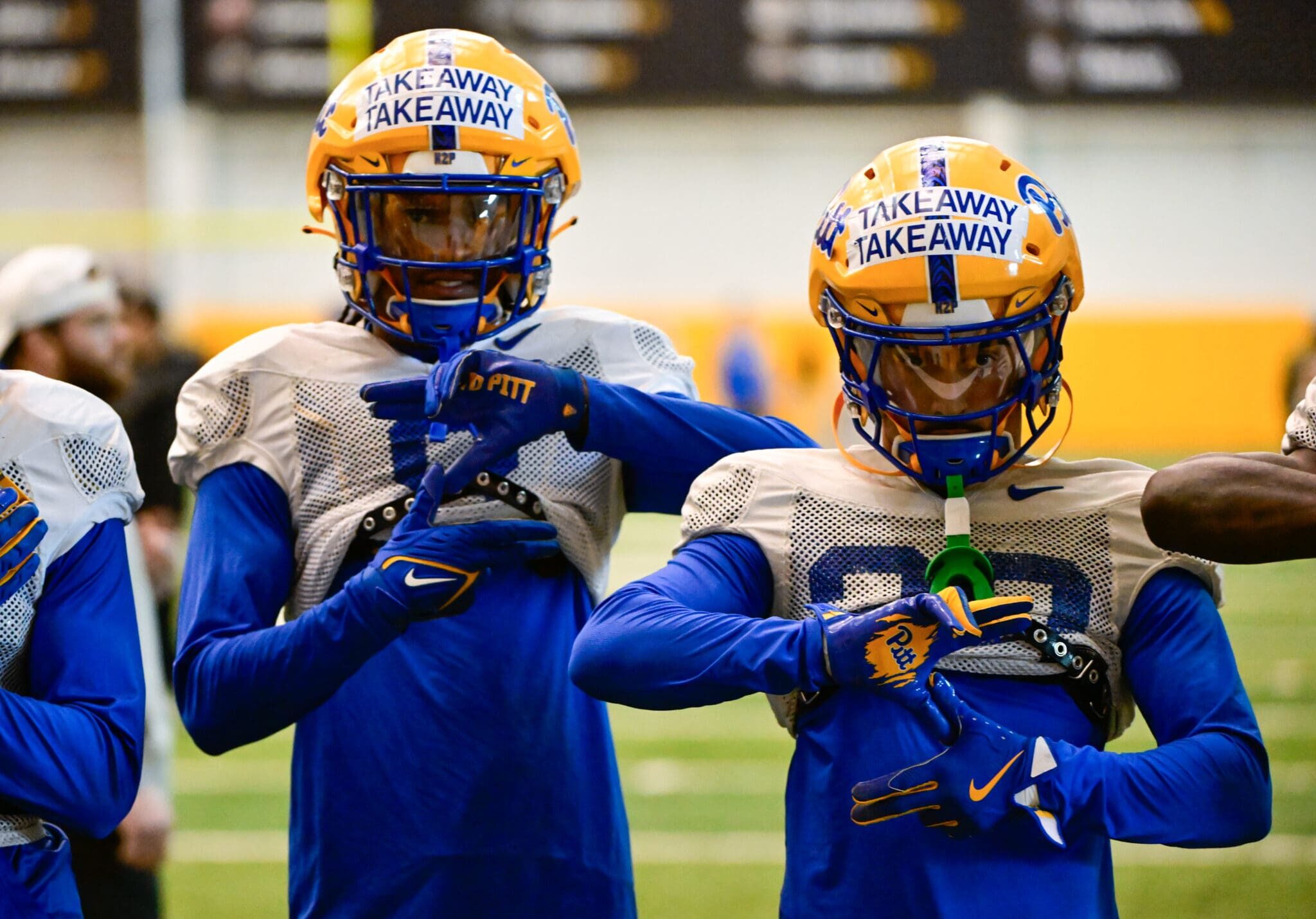 Pitt safety Kavir Bains-Marquez (20) and cornerback Tamon Lynum (8). April 8, 2025 / Ed Thompson. PSN.