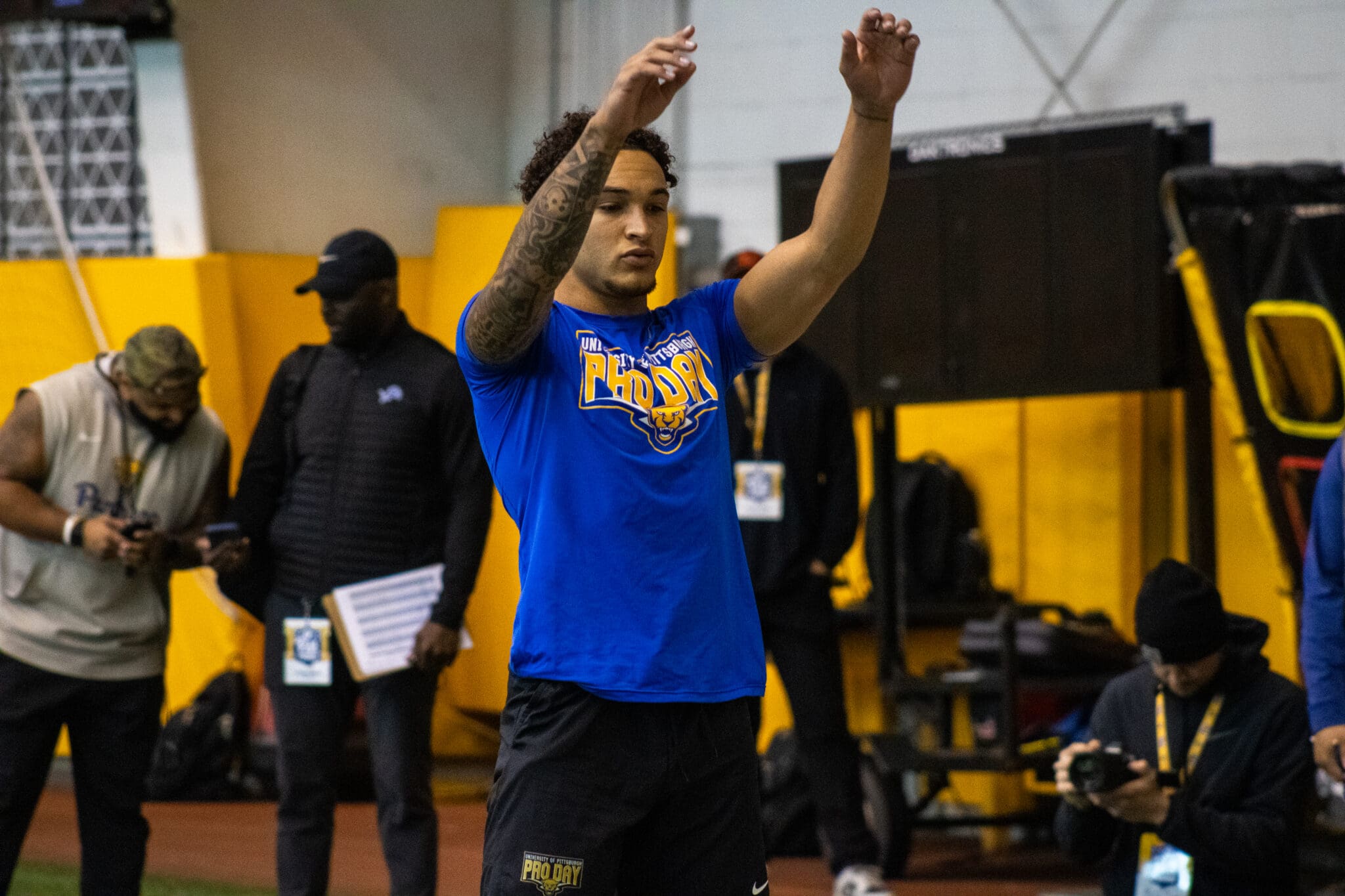 Pitt safety Donovan McMillon prepares for the broad jump at the Pitt Pro Day / Nathan Breisinger. PSN.