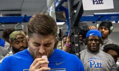 Pitt tight end Gavin Bartholomew readies for the bench press at Pitt Pro Day 2025 / Nathan Breisinger. PSN.