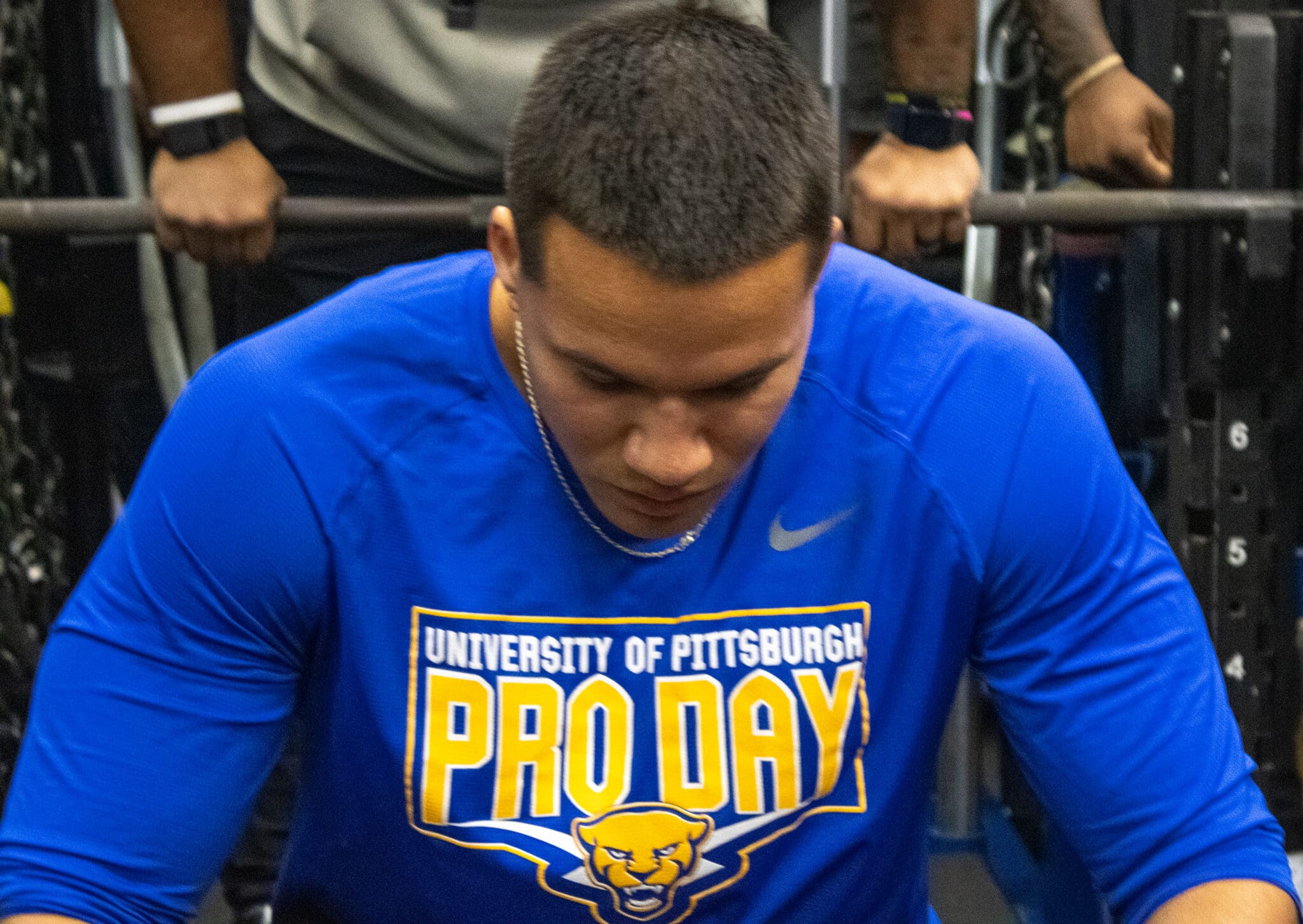 Pitt linebacker Brandon George prepares for the bench press at Pitt Pro Day / Nathan Breisinger. PSN.