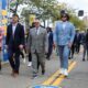 Pitt football walks in the Panther Prowl. (Left to right) Brandon George, Gavin Bartholomew, head coach Pat Narduzzi, Branson Taylor and Konata Mumpfield. October 12, 2024 / David Hague. PSN.