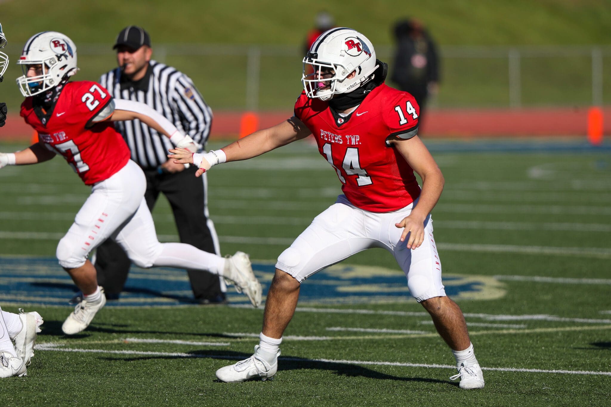 Pitt commit and Peters Township defensive end Reston Lehman during the 2023 WPIAL Class 5A championship. Nov. 18, 2023 -- David Hague / PSN