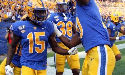 Pitt cornerback Jason Pinnock (15) celebrates after interception September 21, 2019 -- David Hague/PSN