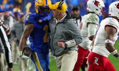 Pitt head coach Pat Narduzzi and wide receiver Kenny Johnson.