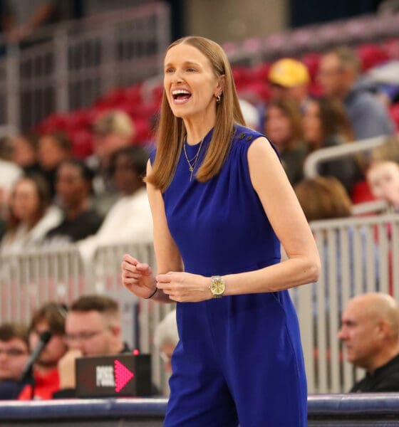 PHOTO CREDIT // David Hague. Robert Morris women's basketball head coach Chandler McCabe during a game against St. Francis.