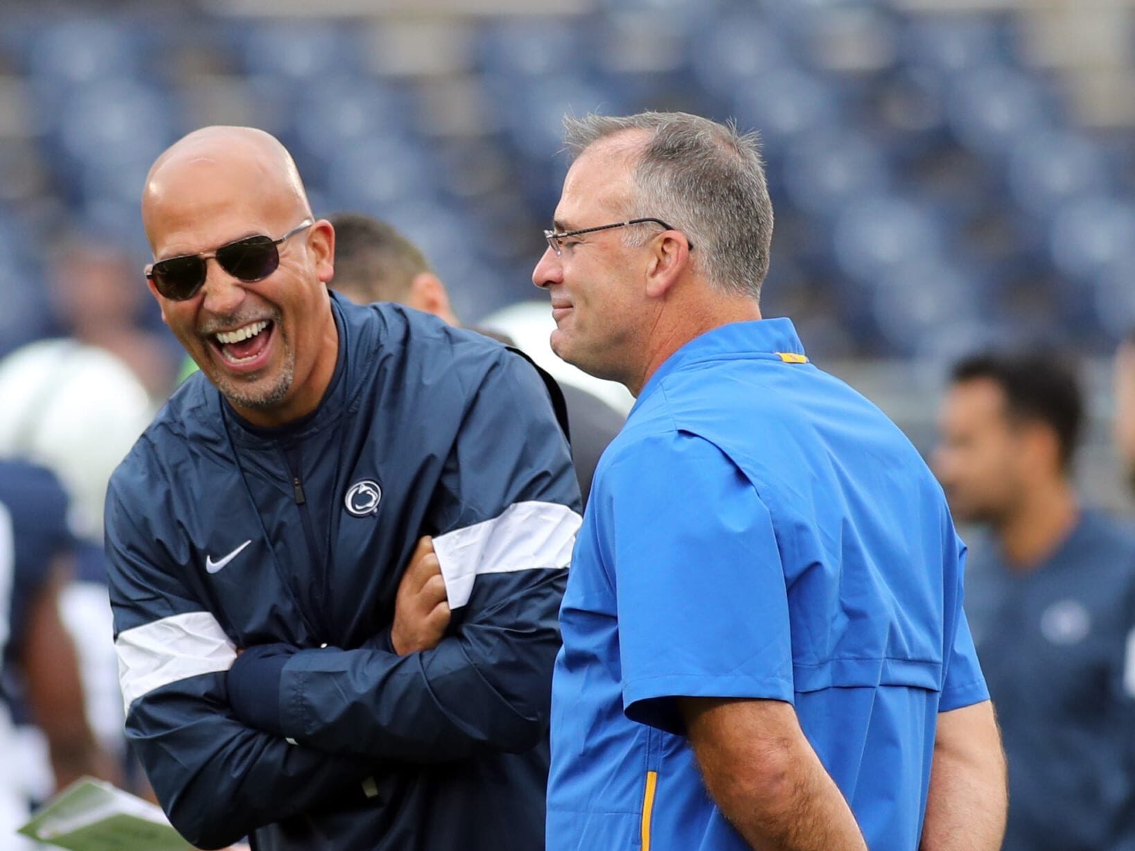 Pat Narduzzi and Penn State head coach James Franklin share a laugh before the game September 14, 2019 -- David Hague/PSN