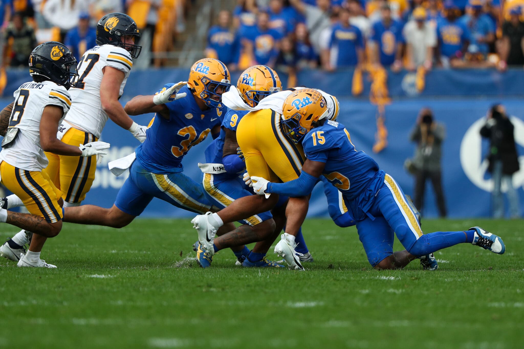 Pitts Panthers defensive back Rashad Battle (15) with a tackle against California October 12, 2024 -- David Hague/PSN
