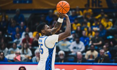 Pitt forward Zack Austin shoots three against Sam Houston at the Petersen Events Center on Dec. 21, 2024 -- Pitt Athletics