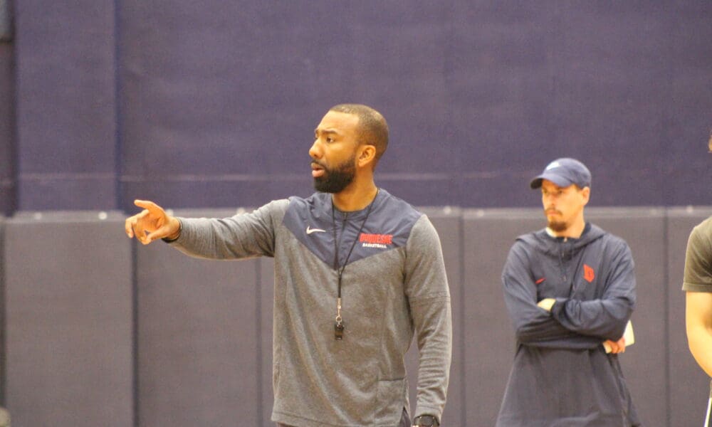 Duquesne men's basketball head coach Dru Joyce III in a practice. Photo via George Michalowski.