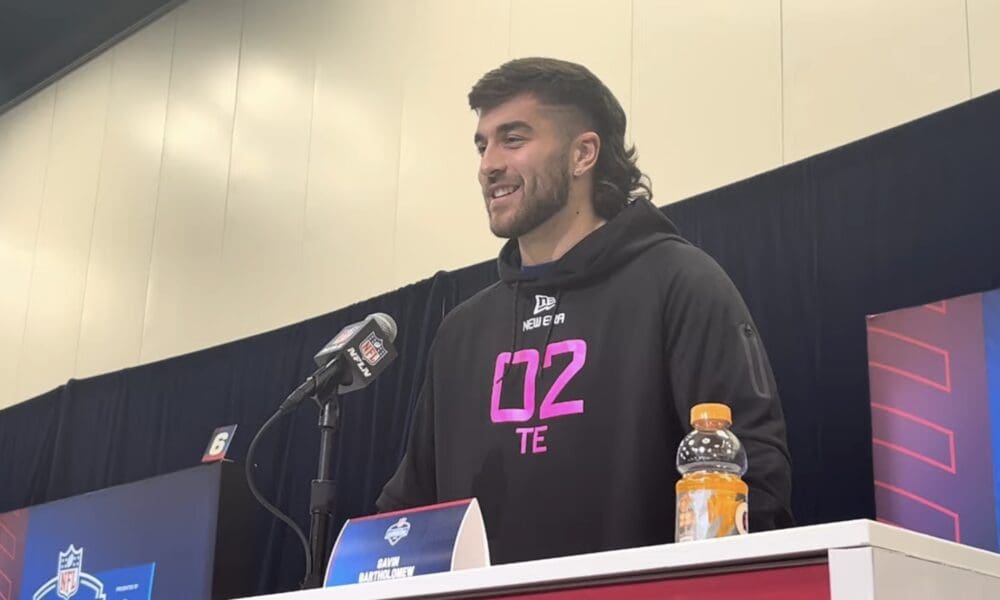 Pitt tight end Gavin Bartholomew speaks with the media at the NFL combine. PSN.