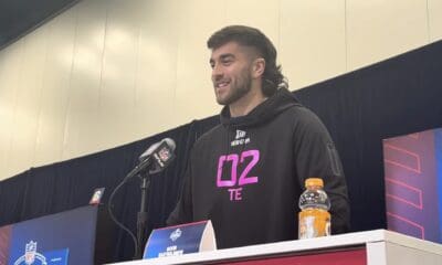 Pitt tight end Gavin Bartholomew speaks with the media at the NFL combine. PSN.