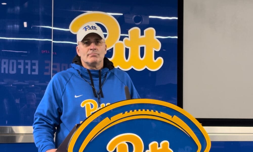 Pitt head coach Pat Narduzzi talks after first spring practice. PSN.