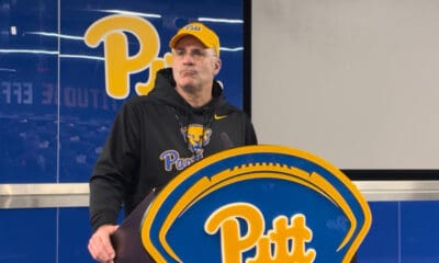 Pitt head coach Pat Narduzzi speaks after spring practice No. 2. PSN