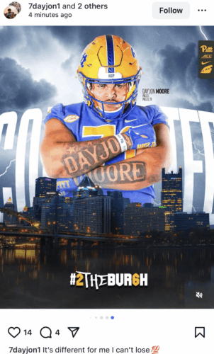 Pitt lands four-star offensive lineman Day'Jon Moore. Photo courtesy of Moore's Instagram.