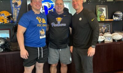 North Allegheny defensive tackle Lincoln Hoke (right) with his father Chris (left) and Pitt head coach Pat Narduzzi. Photo courtesy of Hoke's X account.