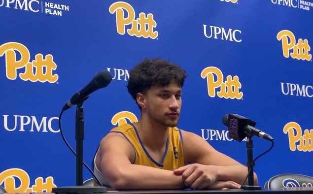 Pitt basketball wing Nate Santos addresses the media.