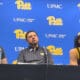 Pitt head coach Jeff Capel, Jaland Lowe and Zack Austin.