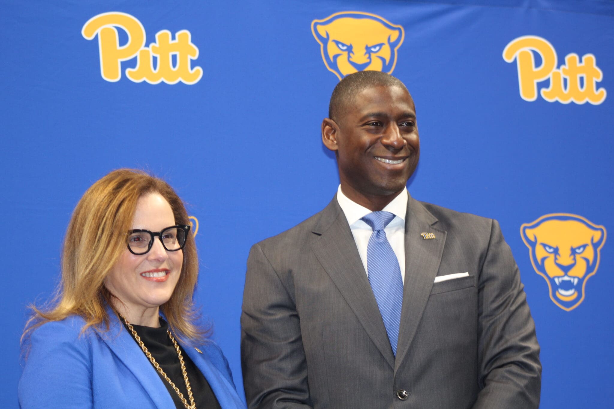 Pitt athletic director Allen Greene at his introductory press conference on October 23 with chancellor Joan Gabel. Photo via George Michalowski.