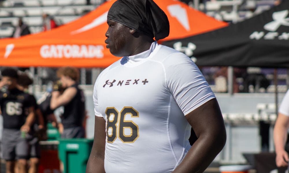 Pitt 2027 offensive line target Lual Aleu at the Under Armour Next Camp in Ohio. April 27, 2025 / Nathan Breisinger. PSN.