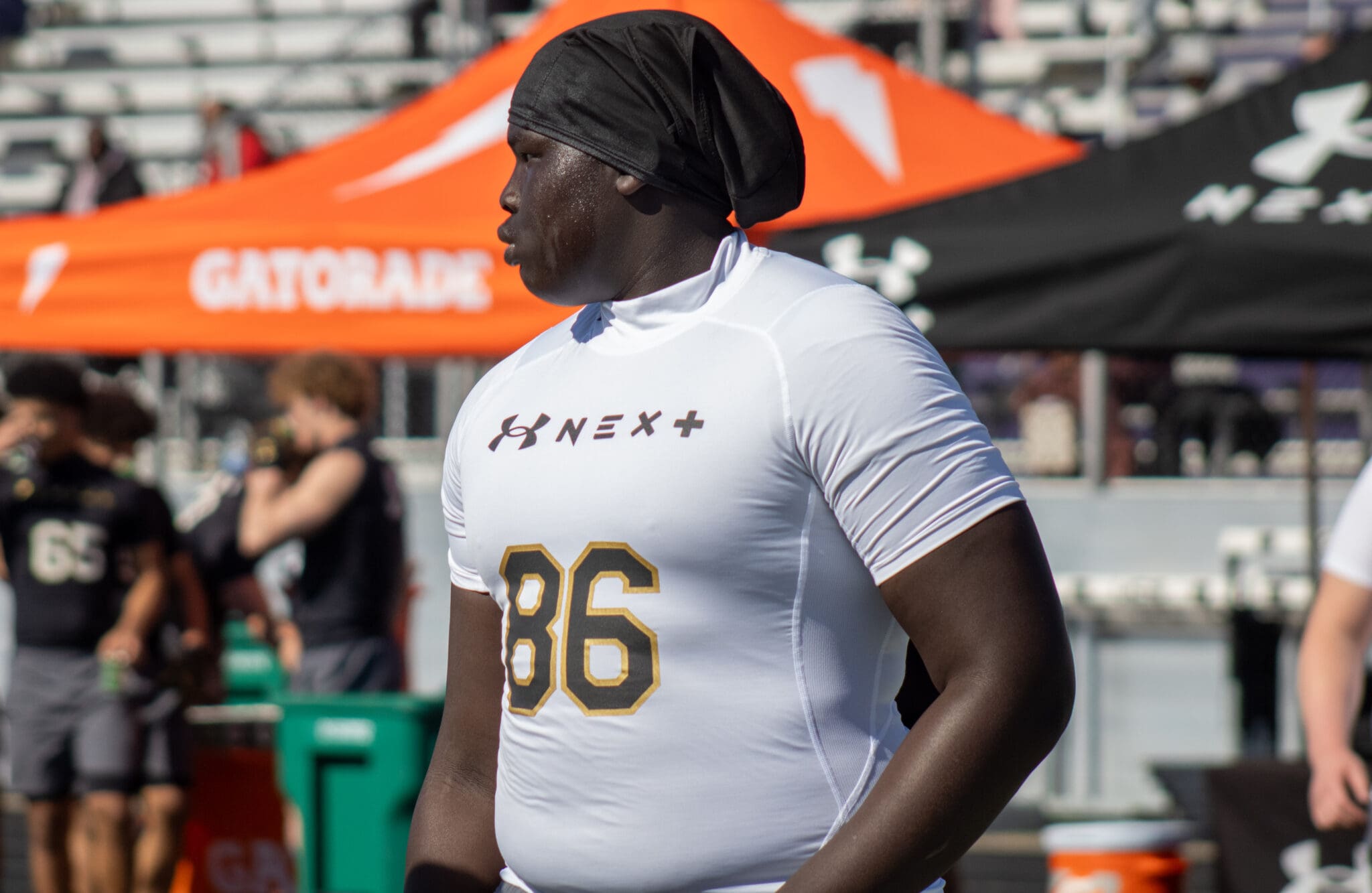 Pitt 2027 offensive line target Lual Aleu at the Under Armour Next Camp in Ohio. April 27, 2025 / Nathan Breisinger. PSN.