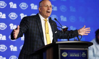 Pitt head coach Pat Narduzzi speaks to the media at the 2025 ACC Kickoff in Charlotte, N.C., Wednesday, July 23, 2025. (Photo by Nell Redmond/ACC)
