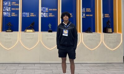 Cullen Thompson, a 2026 three-star edge rusher from Texas, on his unofficial visit at Pitt. Photo courtesy of Thompson's X account.