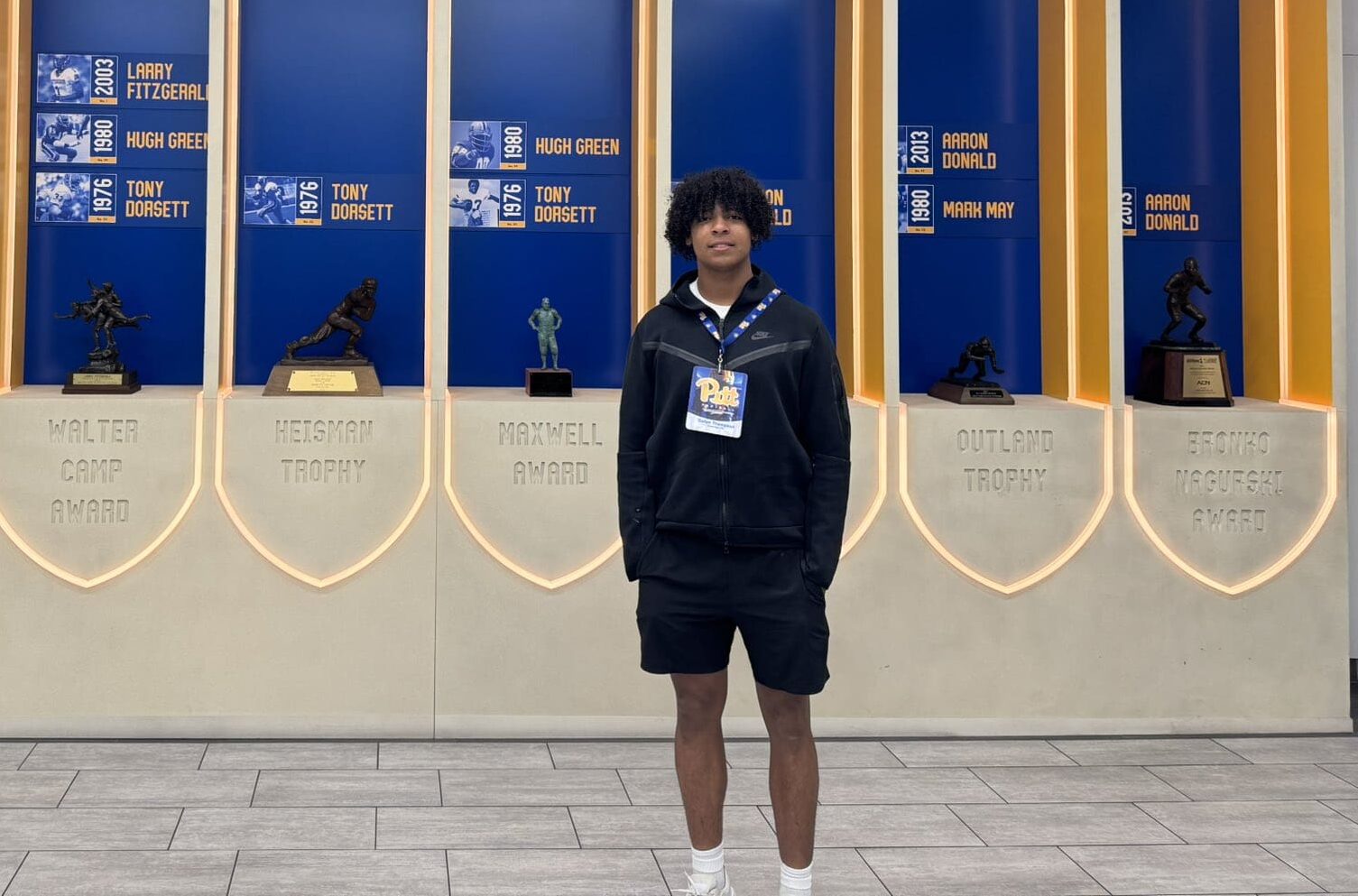 Cullen Thompson, a 2026 three-star edge rusher from Texas, on his unofficial visit at Pitt. Photo courtesy of Thompson's X account.