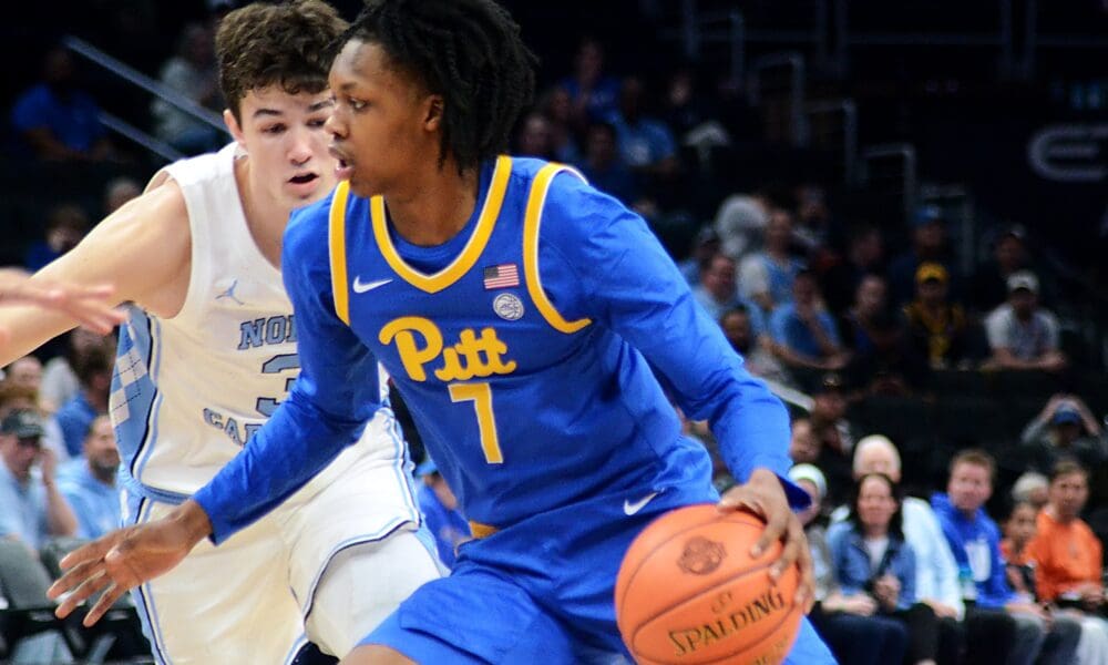 Pitt guard Carlton Carrington drives against UNC in the ACC Tournament semifinals on Friday, March 15, 2024 at Capital One Arena in Washington, D.C. (Mitchell Northam / Pittsburgh Sports Now)