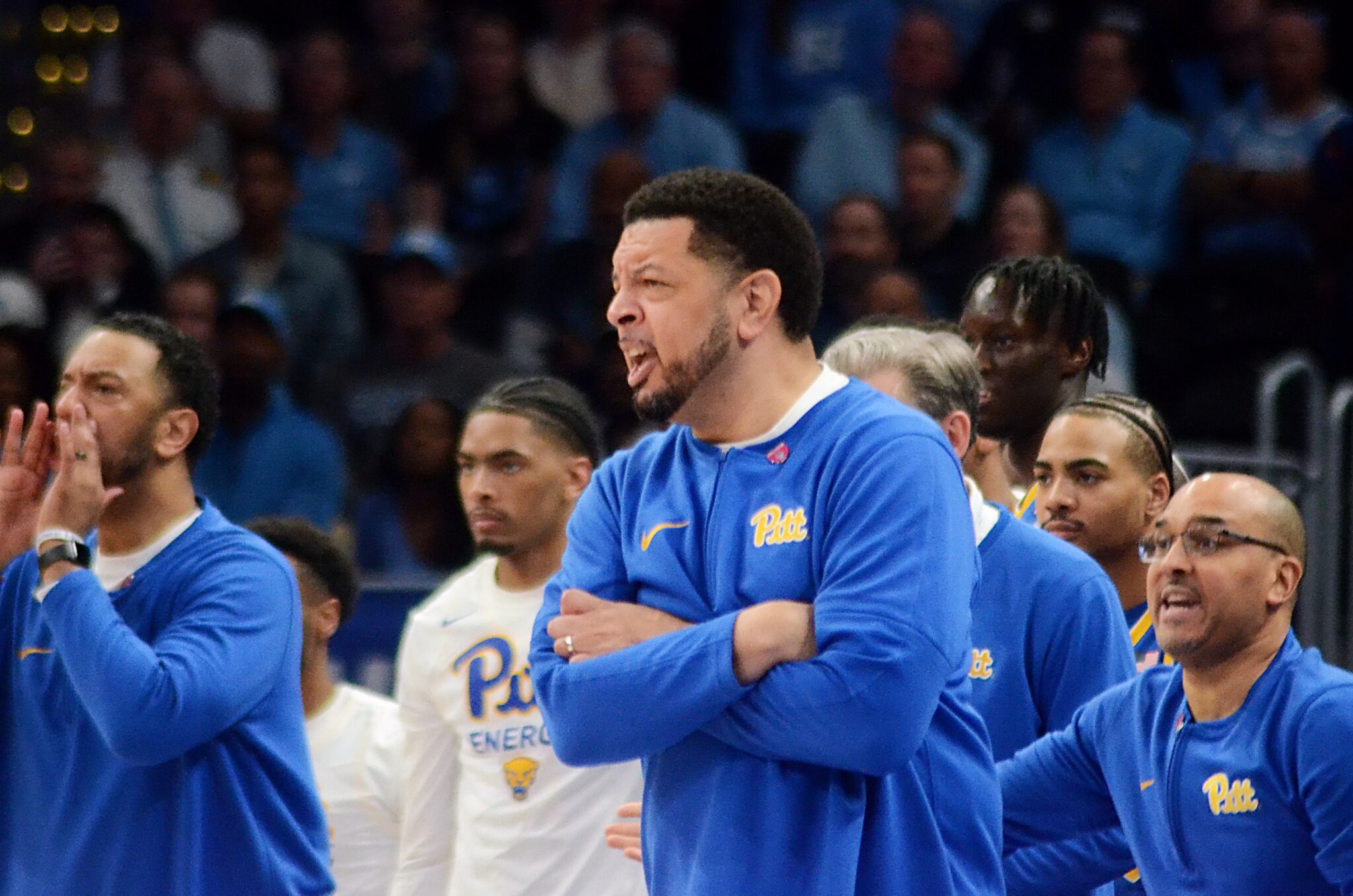 Pitt coach Jeff Capel calls out to his team in the ACC Tournament semifinals on Friday, March 15, 2024 at Capital One Arena in Washington, D.C. (Mitchell Northam / Pittsburgh Sports Now)