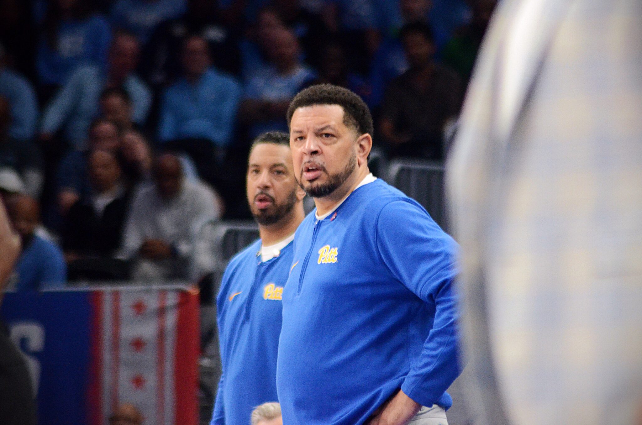 Pitt coach Jeff Capel watches his team face UNC in the ACC Tournament semifinals on Friday, March 15, 2024 at Capital One Arena in Washington, D.C. (Mitchell Northam / Pittsburgh Sports Now)