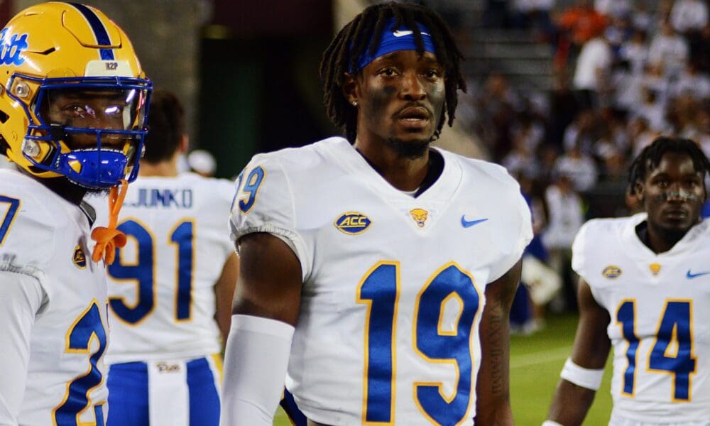 Pitt defensive back Jahvante Royal and his teammates look on before playing against Virginia Tech on Saturday, Sept. 30, 2023 in Blacksburg, Virginia. (Mitchell Northam / Pittsburgh Sports Now.)