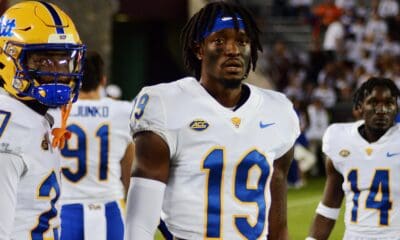 Pitt defensive back Jahvante Royal and his teammates look on before playing against Virginia Tech on Saturday, Sept. 30, 2023 in Blacksburg, Virginia. (Mitchell Northam / Pittsburgh Sports Now.)