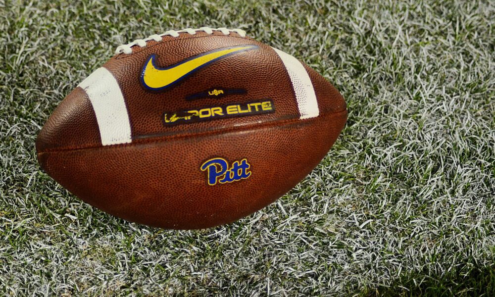 A Pitt football lays on the turf on Saturday, Sept. 30, 2023 in Blacksburg, Virginia. (Mitchell Northam / Pittsburgh Sports Now.) College Football / Signing Period. NCAA.